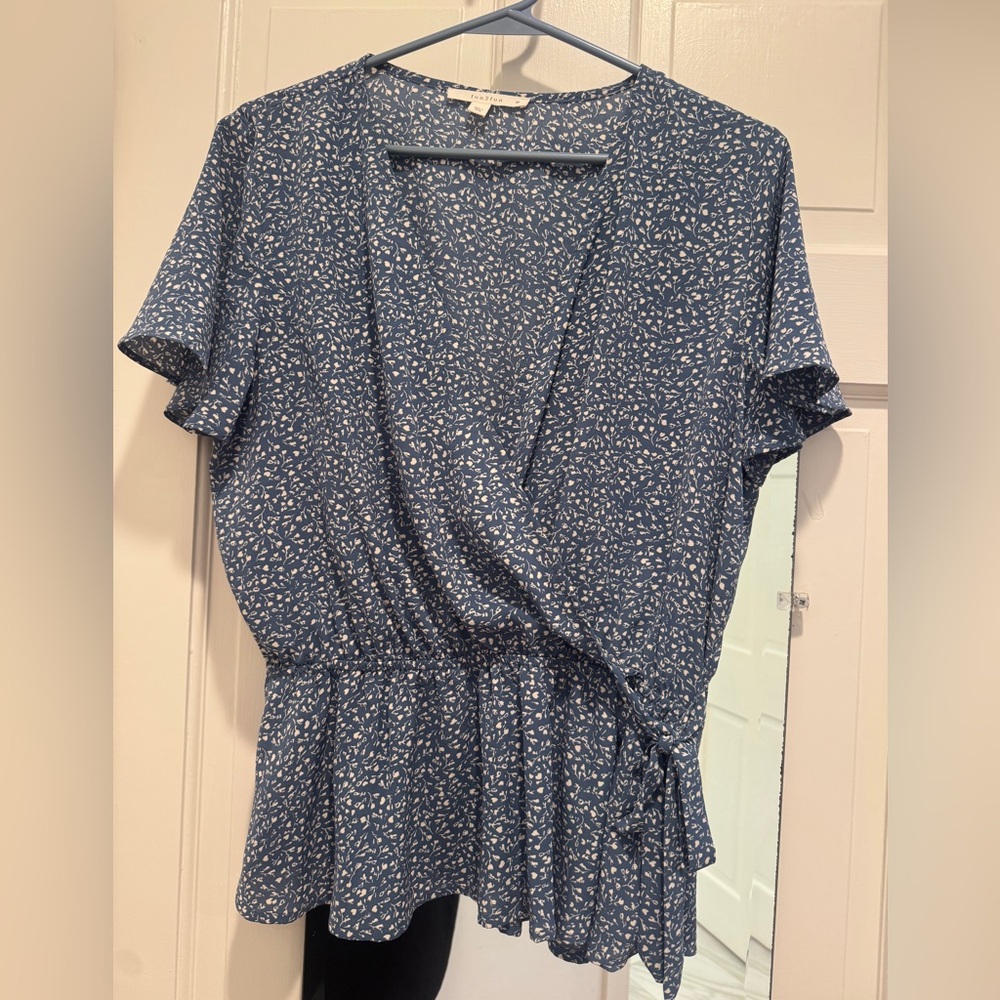 Fun 2 Fun Blue and White Patterned Blouse